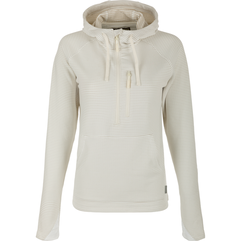Women's MST Breathlite Hoodie: A white striped sweatshirt with a close-up of a striped jacket, featuring a 4-way stretch design, grid fleece backing, and adjustable drawstring closure. Stay cozy with front kangaroo pockets and long sleeves with thumb loops.