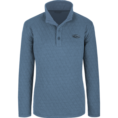Women's Delta Quilted Sweatshirt, a blue long-sleeved shirt with logo, button, collar, and banded cuff. Stay warm and stylish on chilly days.
