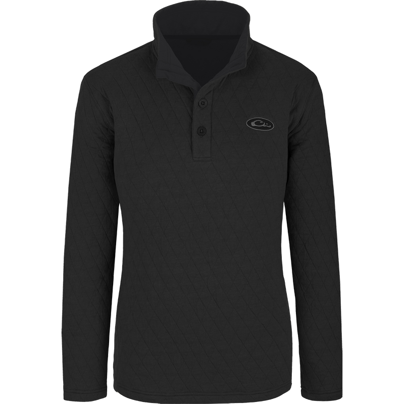 A black long sleeved shirt with a logo on it, perfect for chilly days.