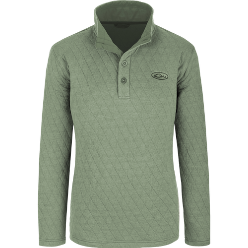 Women's Delta Quilted Sweatshirt, a green long sleeved shirt with button placket collar, banded cuff, and built-in stretch. Perfect for chilly days!