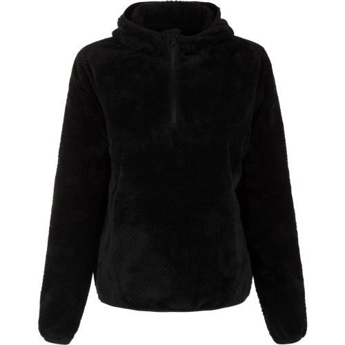 A women's Lauren Mountain Sherpa Hoodie, featuring a black jacket with a zipper and zippered side pockets. Stay warm and stylish this winter with this premium quality 100% polyester sherpa fleece hoodie.