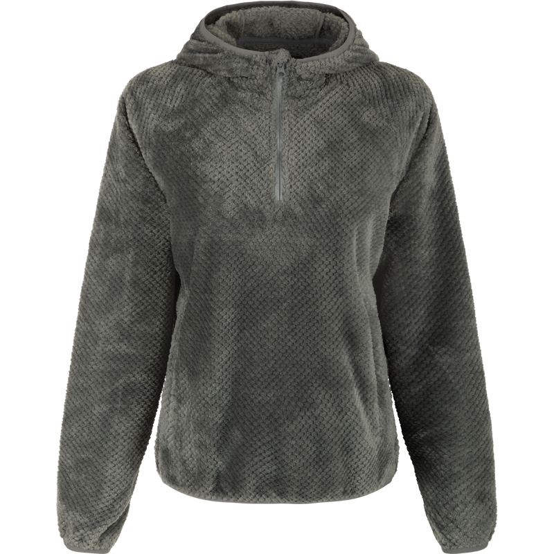 A women's sherpa hoodie with YKK half-zip, zippered side pockets, and elasticated hood, hem, and cuffs.