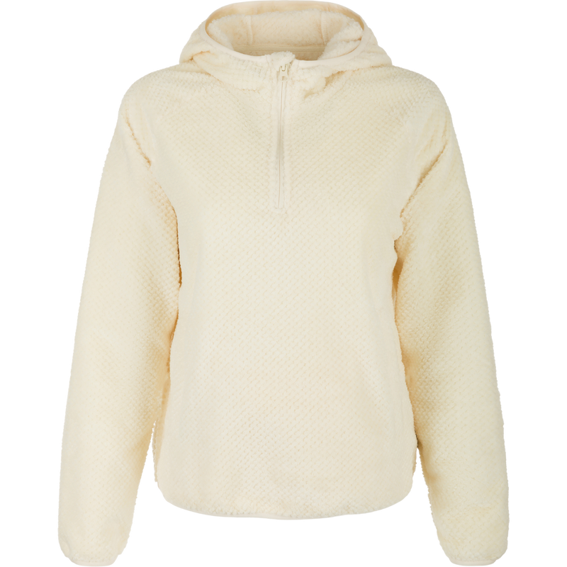A women's sherpa hoodie with a half-zip and zippered side pockets. Stay warm and stylish this winter with this cozy and fashionable hoodie.