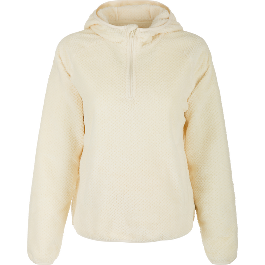 A women's sherpa hoodie with a half-zip and zippered side pockets. Stay warm and stylish this winter with this cozy and fashionable hoodie.