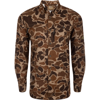 Youth Long-Sleeved 8-Shot Flyweight Shirt in camouflage pattern, featuring dual chest pockets, vented cape back, and lightweight ripstop fabric for hunting and outdoor activities.