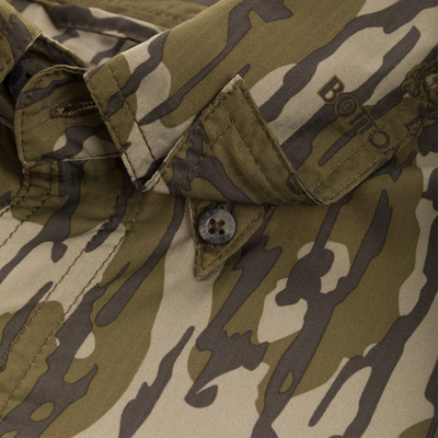 Youth Long-Sleeved Flyweight Camo Hunting Shirt with camouflage pattern, visible button, and stitched pocket flap, designed for moisture-wicking and sun protection.