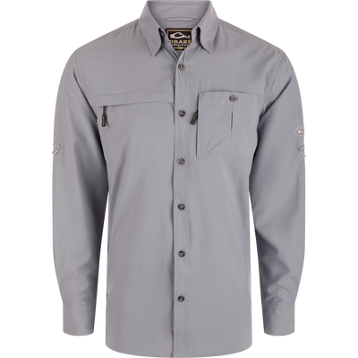 Youth Long-Sleeved Flyweight Shirt by Drake Clothing Company, featuring a light-gray, button-up design with two chest pockets and a vented back for hunting.