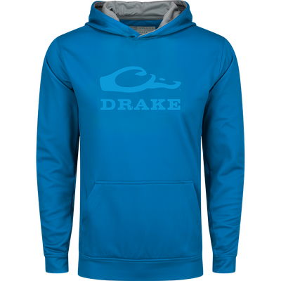 Youth Performance Stacked Hoodie featuring a logo, kangaroo pocket, and adjustable drawstring hood, designed for comfort with 92% polyester and 8% spandex fleece.
