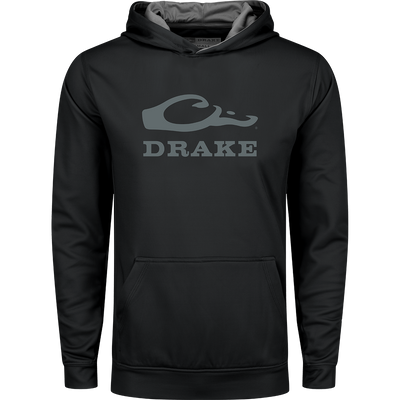 Youth Performance Stacked Hoodie: Black sweatshirt with grey stacked logo, kangaroo pocket, and adjustable drawstring hood. Made of 92% polyester and 8% spandex fleece.