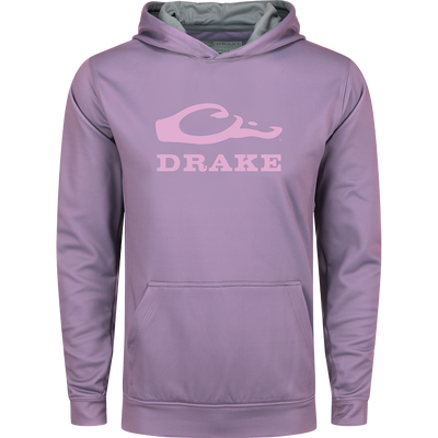 Youth Performance Stacked Hoodie with logo, featuring kangaroo pocket, adjustable drawstring hood, and anti-pilling stretch fabric for comfort and durability.