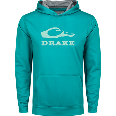 Youth Performance Stacked Hoodie featuring white text, kangaroo pocket, and lined hood with adjustable drawstrings, made from stretchy polyester-spandex fleece.