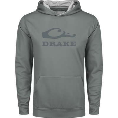 Youth Performance Stacked Hoodie by Drake Waterfowl, featuring a logo, kangaroo pocket, and adjustable lined hood. Made from stretchy polyester-spandex fleece for warmth and durability.