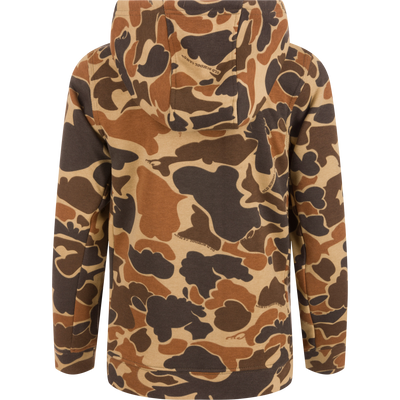 Youth Three End Old School Hoodie featuring a camouflage pattern, kangaroo pocket, and lined 3-piece hood, ideal for layering during cold weather.