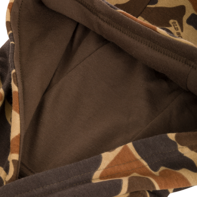 Youth Three End Old School Hoodie with camouflage pattern, featuring a kangaroo pocket and lined 3-piece hood, displayed against a black background.