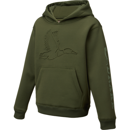 Youth Back Eddy Limited Edition Hoodie on mannequin, featuring embossed flying-goose graphic, kangaroo pocket, lettering on sleeve, water-resistant, stretchy, with lined hood.