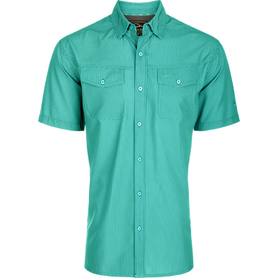 Traveler's Check Button-Down Short Sleeve Shirt with a checkered pattern, featuring two chest pockets with button flaps, designed for comfort and mobility.