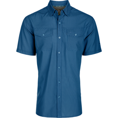 Traveler's Check Button-Down Short Sleeve Shirt made of lightweight, breathable poly/spandex fabric with two chest pockets and button flaps, ideal for travel and casual wear.