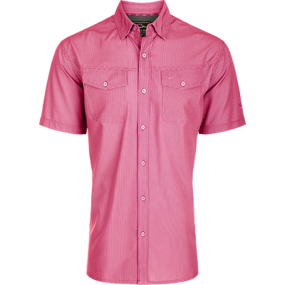 Traveler's Check Button-Down Short Sleeve Shirt featuring a red and white checkered pattern, two chest pockets with button flaps, and a comfortable, moisture-wicking fabric.