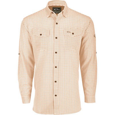 A lightweight, Four Way Stretch long sleeve shirt with a checkered pattern. Perfect for the man on the go, whether on vacation or running errands. Features include hidden button-down collar, adjustable roll-up sleeves, and two chest pockets. From Drake Waterfowl.