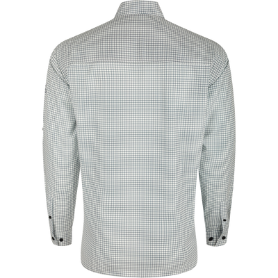 A lightweight, Four Way Stretch Traveler's Mini Grid Long Sleeve shirt with a split tail hem. Ideal for the man on the go, offering freedom of movement and ultimate comfort. Perfect for vacations or running errands.