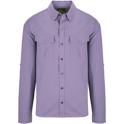 Traveler's Solid Dobby Button-Down Long Sleeve Shirt with hidden button-down collar, two chest pockets, and adjustable roll-up sleeves.