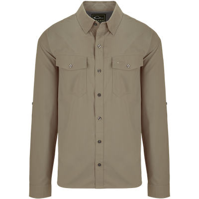 Traveler's Solid Dobby Shirt L/S: A classic fit, long-sleeved shirt with hidden button-down collar, chest pockets, and split tail hem. Made of featherweight, moisture-wicking fabric with UPF30 sun protection. Versatile for any occasion.