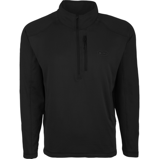 A black 1/4 zip pullover jacket with raglan sleeves and a vertical zippered chest pocket. Made of polyester/spandex fleece with improved breathability and next-to-skin comfort. Ideal for active outdoorsmen in cool weather.