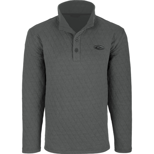 A grey long sleeved Delta Quilted Sweatshirt with button front, perfect for active outdoorsmen in cooler weather. Polyester fleece lining and cotton shell fabric provide warmth and comfort. Ideal for checking trail cams, setting up food plots, and other cool day activities.