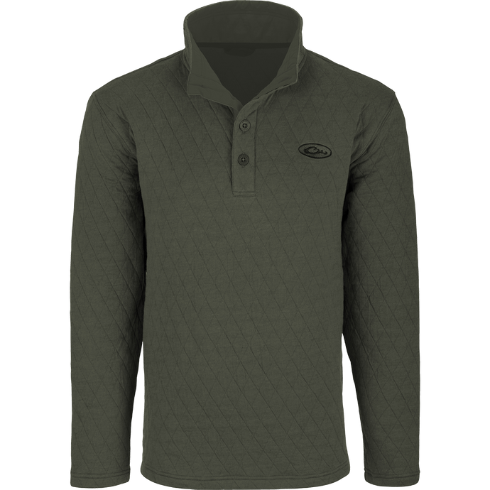 A Delta Quilted Sweatshirt, a long-sleeved green shirt with a button front. Ideal for outdoor activities in cooler weather, it features a fleece lining and cotton shell fabric. Perfect for checking trail cams or setting up a food plot.