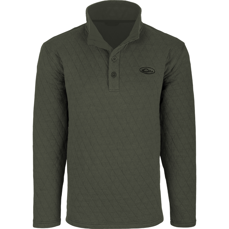 A Delta Quilted Sweatshirt, a long-sleeved green shirt with a button front. Ideal for outdoor activities in cooler weather, it features a fleece lining and cotton shell fabric. Perfect for checking trail cams or setting up a food plot.