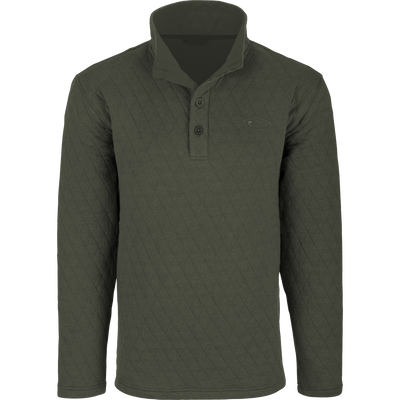 Delta Quilted Sweatshirt with diamond-quilted design, long sleeves, and mock collar; ideal for outdoor activities in cooler weather, featuring a button placket and tonal logo.