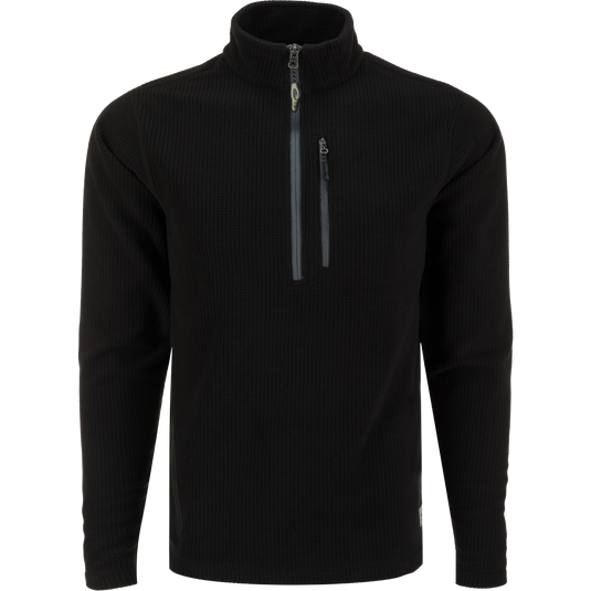 Alt text: Fall River Grid Fleece Half-Zip Pullover by Drake Waterfowl. Black sweater with zipper, water-resistant finish, YKK chest pocket. Ideal for outdoor lifestyle, hunting, and casual wear.