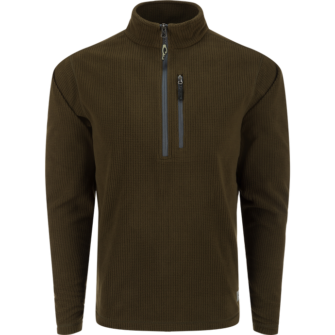 A core outdoor lifestyle piece, the Fall River Grid Fleece Half-Zip Pullover in brown. Features DWR finish, built-in stretch, YKK chest pocket. Ideal for fall adventures.