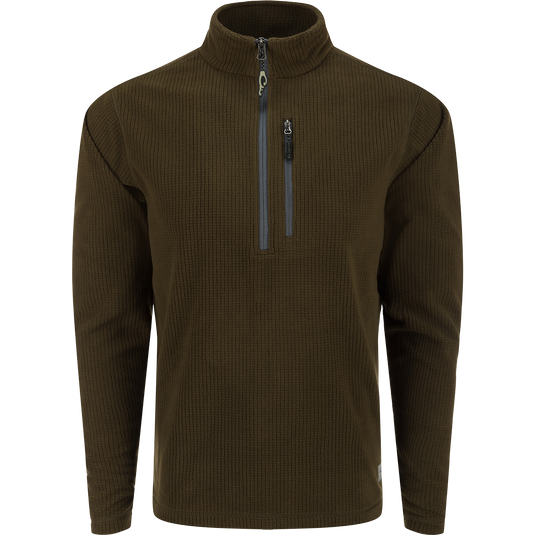 A core outdoor lifestyle piece, the Fall River Grid Fleece Half-Zip Pullover in brown. Features DWR finish, built-in stretch, YKK chest pocket. Ideal for fall adventures.