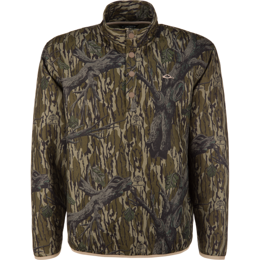 Delta Quilted Over Under Sweatshirt in a Mossy Oak Original Treestand tree-bark camouflage pattern, featuring heavyweight cotton polyester quilted fabric, a snap-button placket, and a high collar.
