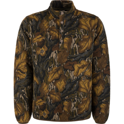 Delta Quilted Over Under Sweatshirt in a mossy oak fall foliage quilted heavyweight cotton-polyester pullover design with a snap-button placket and high collar.