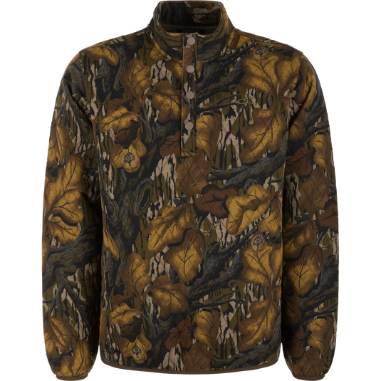 Delta Quilted Over Under Sweatshirt in a mossy oak fall foliage quilted heavyweight cotton-polyester pullover design with a snap-button placket and high collar.