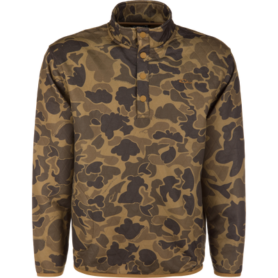 Delta Quilted Over Under Sweatshirt in an Old School Sport brown and green camouflage pattern, crafted from heavyweight cotton polyester with a snap-button placket at the neck.