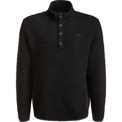 Black Delta Quilted Over Under Sweatshirt in heavyweight cotton polyester, featuring a mock neck, four-button placket, and long sleeves.