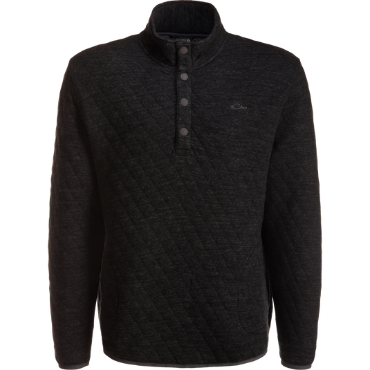 Black Delta Quilted Over Under Sweatshirt in heavyweight cotton polyester, featuring a mock neck, four-button placket, and long sleeves.