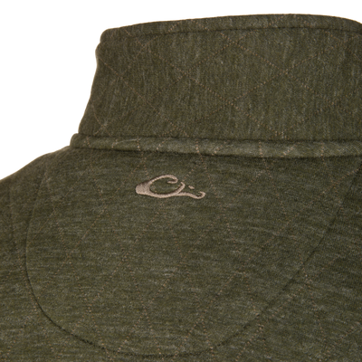 Olive green quilted Delta Quilted Over Under Sweatshirt in a heavyweight cotton polyester blend, featuring an embroidered duck logo on the upper back.