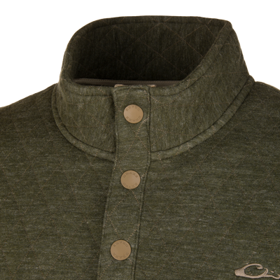 Olive green Delta Quilted Over Under Sweatshirt with a mock-neck and three-button placket, perfect as durable outdoor apparel.
