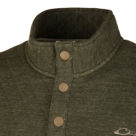 Olive green Delta Quilted Over Under Sweatshirt with a mock-neck and three-button placket, perfect as durable outdoor apparel.