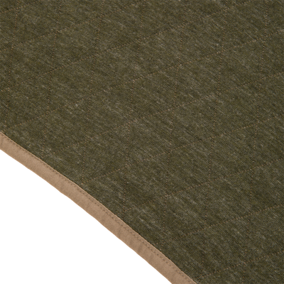 Close-up of the Delta Quilted Over Under Sweatshirt, featuring olive green quilted fabric with a solid tan trim along the edge.
