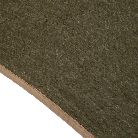 Close-up of the Delta Quilted Over Under Sweatshirt, featuring olive green quilted fabric with a solid tan trim along the edge.