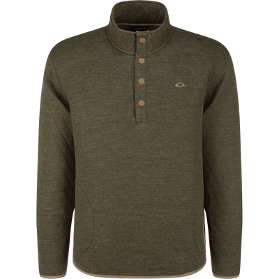 Delta Quilted Over Under Sweatshirt in moss: an olive green quilted outdoor sweatshirt featuring a mock neck, four-button placket, and a small duck logo on the chest.