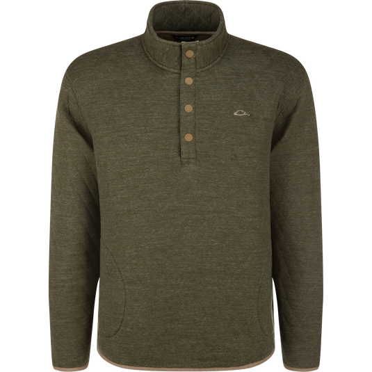 Delta Quilted Over Under Sweatshirt in moss: an olive green quilted outdoor sweatshirt featuring a mock neck, four-button placket, and a small duck logo on the chest.