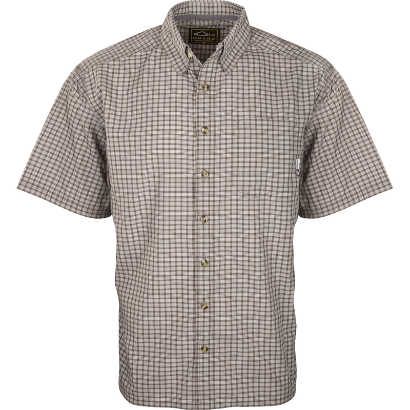 Featherlite Check Shirt S/S: Lightweight plaid shirt with logo detail, hidden button downs, and a left chest pocket. Perfect for hot summer days.