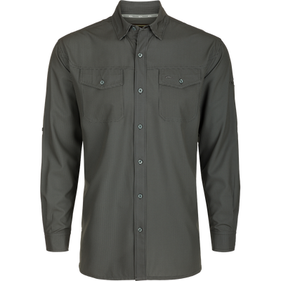 A lightweight, wrinkle-resistant Traveler's Check Shirt L/S for the man on the go. Moisture-wicking, with four-way stretch and two chest pockets with button flaps. Ideal for vacations or running errands.