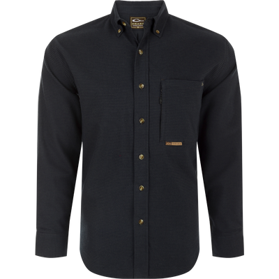 A black long-sleeved shirt with button-down collar, chest pockets, and houndstooth pattern. Perfect for cool weather.